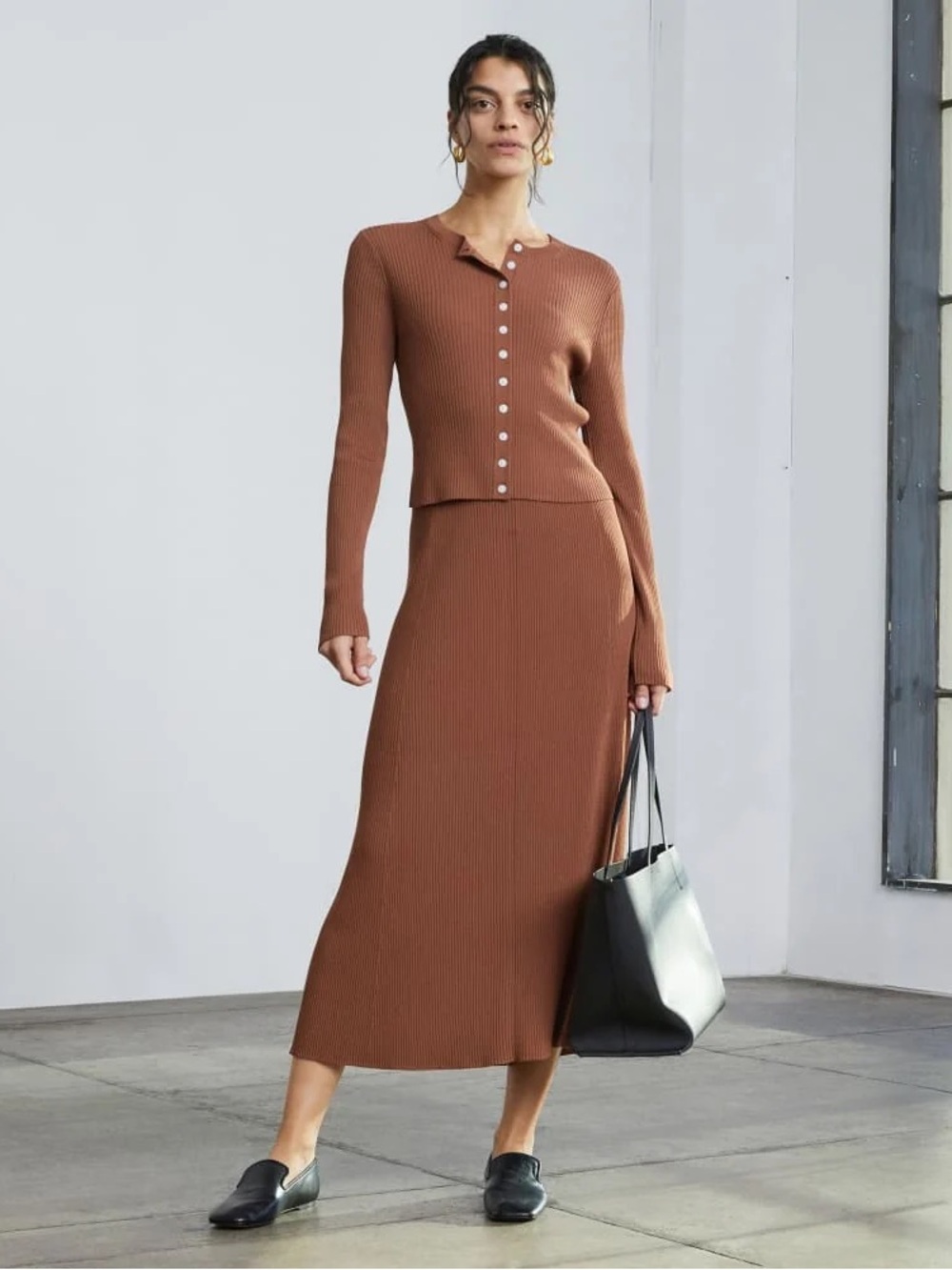 Everlane The Ribbed Knit Skirt Cocoa Brown High Rise A-Line Midi Small